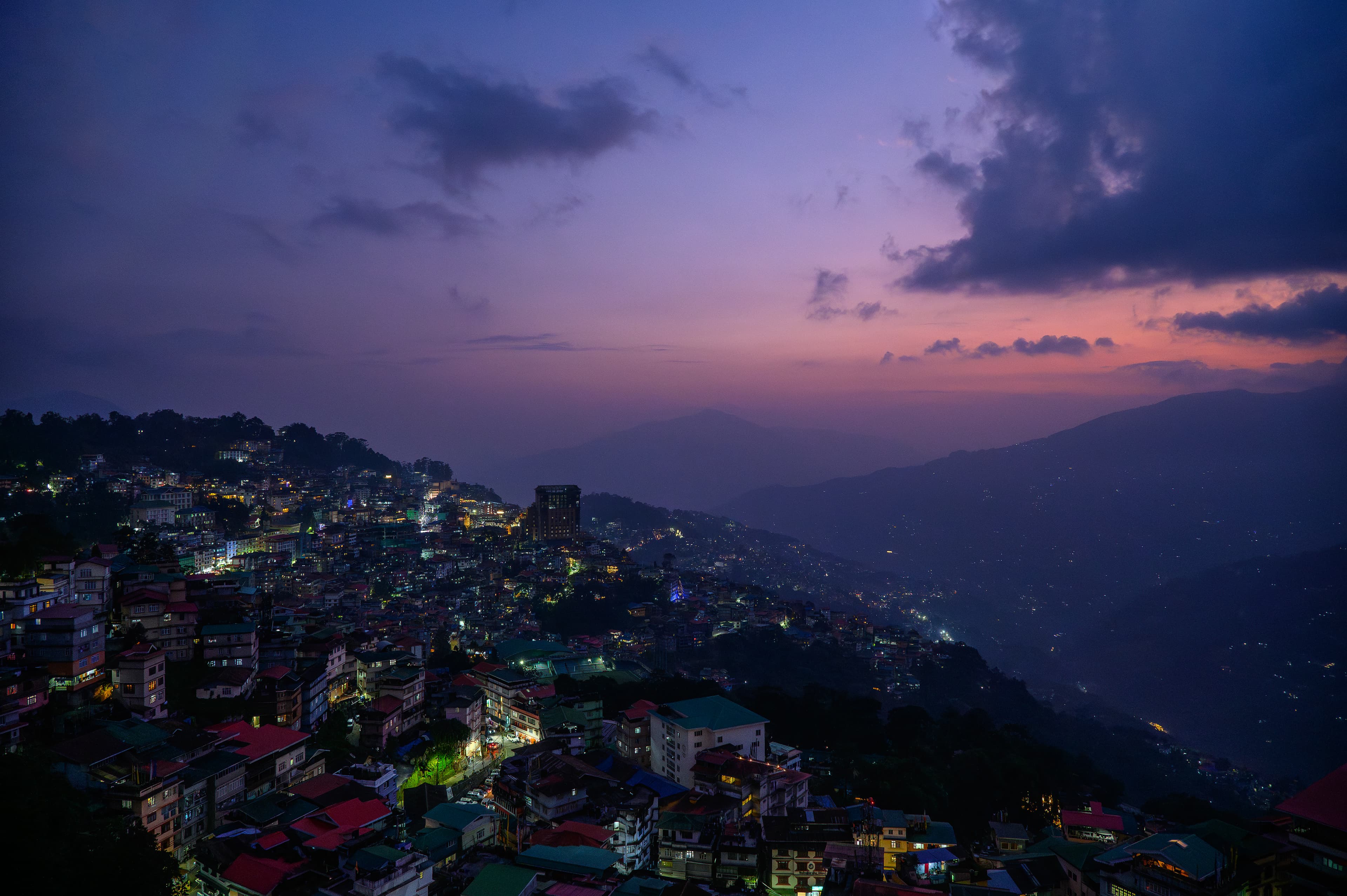 Dusk view of the Gangtok town skyline from Sinclairs Gangtok